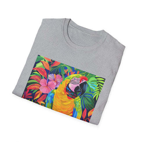 Charcoal cotton T-shirt with colorful parrot design conveying vibrant tropical vibes