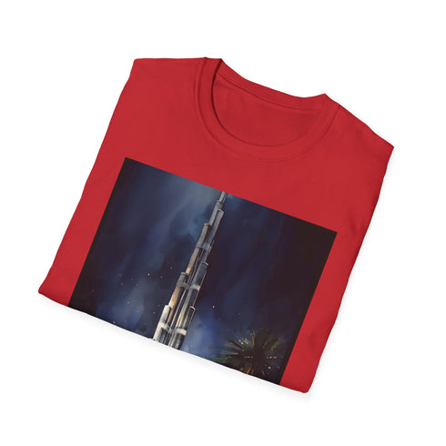 Charcoal cotton t-shirt with watercolor Dubai skyline and celestial feel