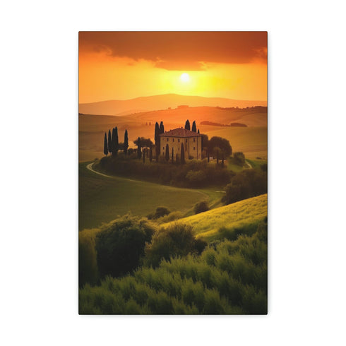 Tuscan countryside canvas print with golden sunset, Italy landscape decor.