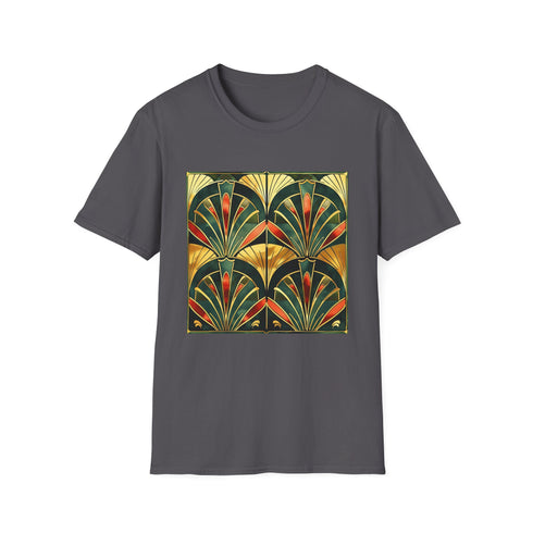 Charcoal geometric patterned art deco T-shirt with breathable cotton crew neck