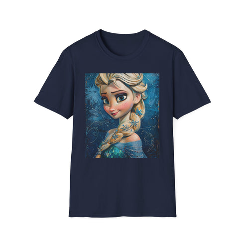 Charcoal crew neck t-shirt with vibrant Elsa Frozen painting evokes magical feel