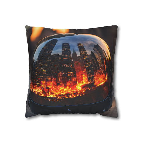 Mirror Helmet Reflecting City in Fire Double-Sided Square Cushion Cover
