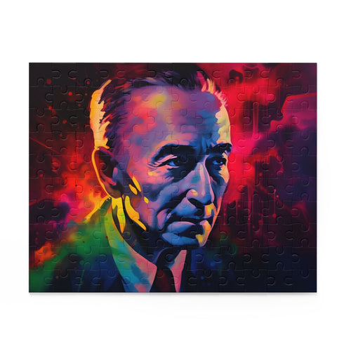 Vibrant neon watercolor puzzle featuring Robert Oppenheimer in 120 pieces.