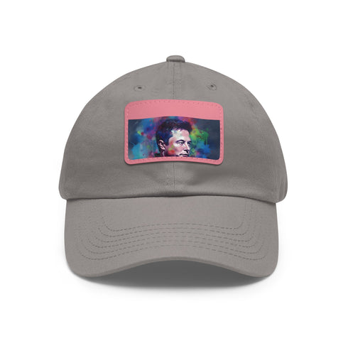 Neon Dreams: Elon Musk watercolor baseball cap in white with light brown patch.