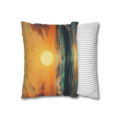Golden Sunset Through Rolling Ocean Wave — 40×40 Cushion Cover — Soft Brushed Fabric Texture Close-Up