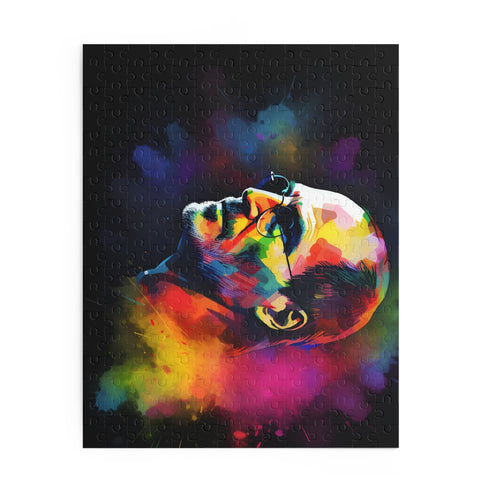 Neon watercolor Steve Jobs puzzle in vibrant colors.