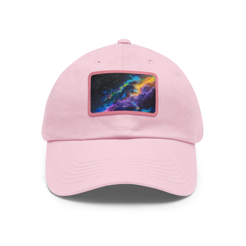 Neon galaxy snapback cap, white with light brown rectangle patch.