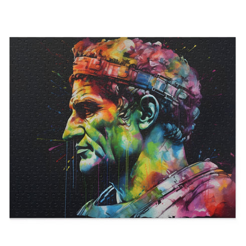 Vibrant neon watercolor jigsaw puzzle with Caesar design and 120 pieces.