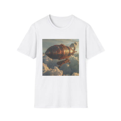 Charcoal steampunk airship t-shirt with intricate sky adventure design