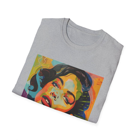 Charcoal pop art t-shirt with vibrant colors and crew neck design