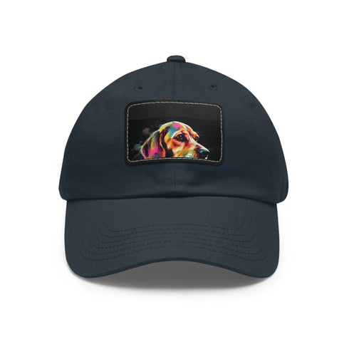 White beagle graphic baseball cap with light brown rectangle patch.