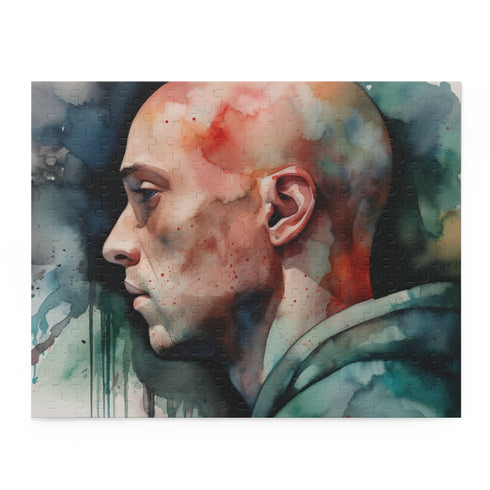 Eminem watercolor puzzle featuring iconic rapper in vibrant colors.