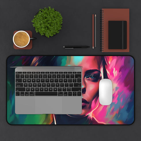 Bright neon watercolor desk mat with Charlize Theron design.