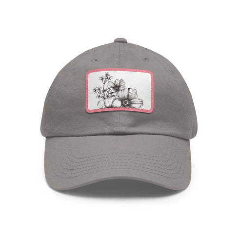 White cotton baseball cap with hand-drawn floral design - rectangle shape.