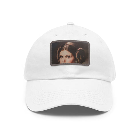 Galactic Princess Leia embroidered white baseball cap with light brown patch.
