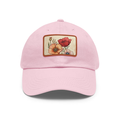 Blooming Blossoms Baseball Cap in White with Light Brown Rectangle Patch