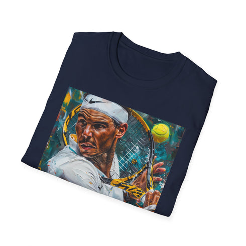 Charcoal cotton T-shirt with Nadal tennis painting capturing dynamic energy
