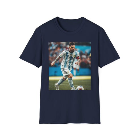 Charcoal cotton crew neck T-shirt with Messi-inspired blue and white watercolor design