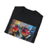 Charcoal cotton T-shirt featuring vibrant urban art graphic in crew neck style