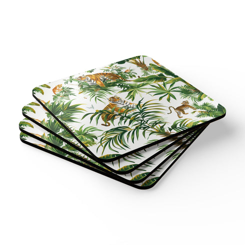 Square corkwood coaster set featuring jungle safari pattern with majestic tigers.