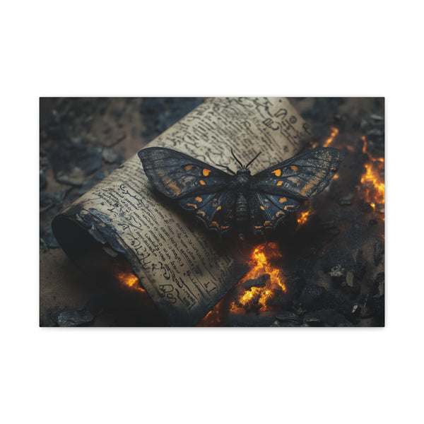Lava Moth Resting on Burning Scroll ā Canvas Wall Art ā Front Gallery-Wrapped Canvas View