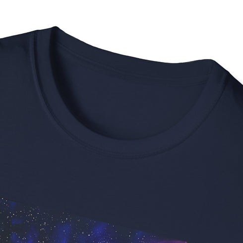 Luminous charcoal T-shirt with neon galaxy design and vibrant cosmic patterns