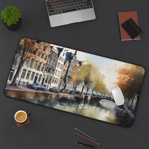 Amsterdam City Desk Mat with vibrant cityscape image for home office.