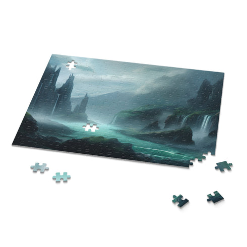 Fantasy landscape jigsaw puzzle with magical creatures and stunning scenery.