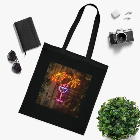 Neon Cocktail Hour Tote Bag: Fun, vibrant cotton black tote.