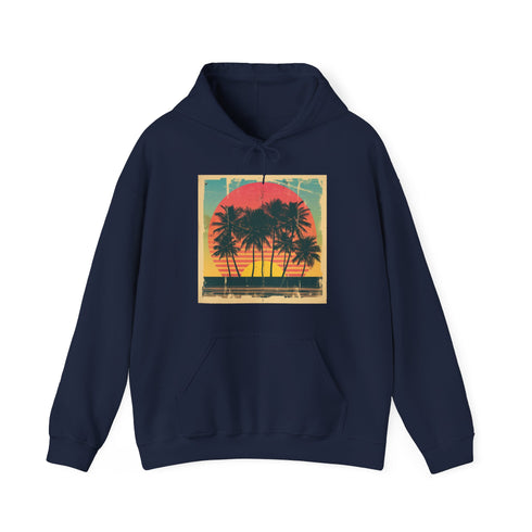 Tropical Paradise Retro Hoodie in Navy, Regular Fit, Unisex, Sunset Design.