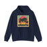 Tropical Paradise Retro Hoodie in Navy, Regular Fit, Unisex, Sunset Design.