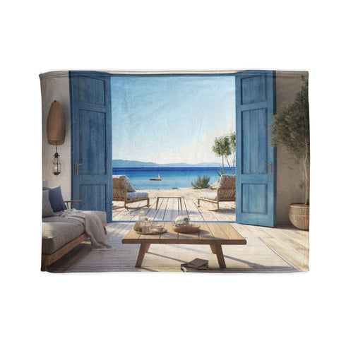 Open Window Dreams Blanket: Serene Blue Landscape Tranquility Comfort Bedding.