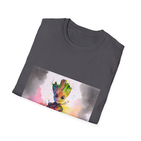 Vibrant charcoal cotton t-shirt featuring Baby Groot in watercolor and neon design