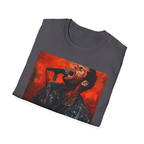 Charcoal Maroon 5 tee with vibrant band portrait, crew neck fit.