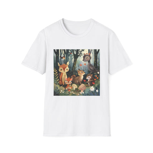 Charcoal t-shirt featuring colorful woodland creatures in soft breathable cotton