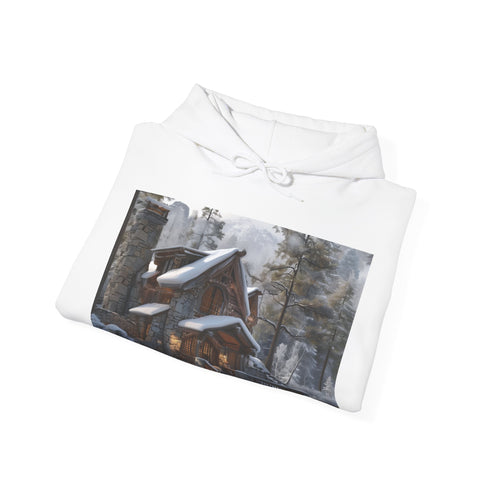 Rustic mountain cabin hoodie in navy, regular fit, unisex S.