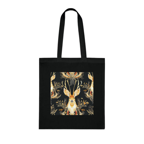 Whimsical black cotton tote bag with charming jackalope pattern.