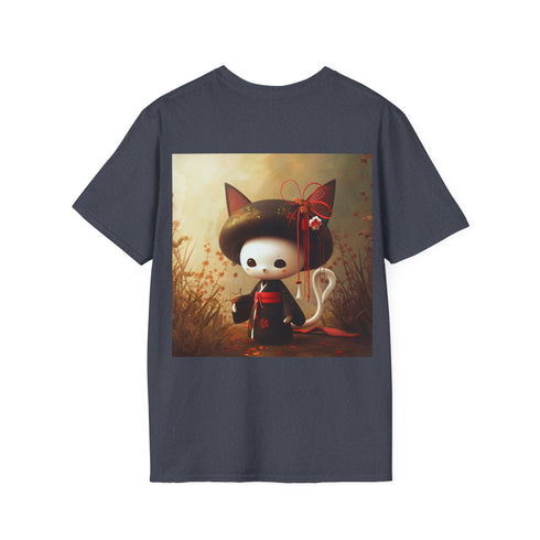 Dark and playful Kuromi Hello Kitty tee in charcoal cotton.