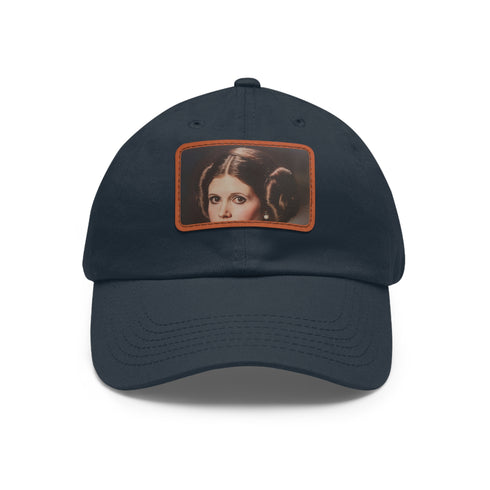 Galactic Princess Leia embroidered white baseball cap with iconic hairstyle.