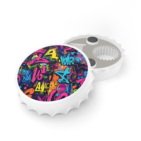 Neon graffiti bottle opener with vibrant urban neon pattern.