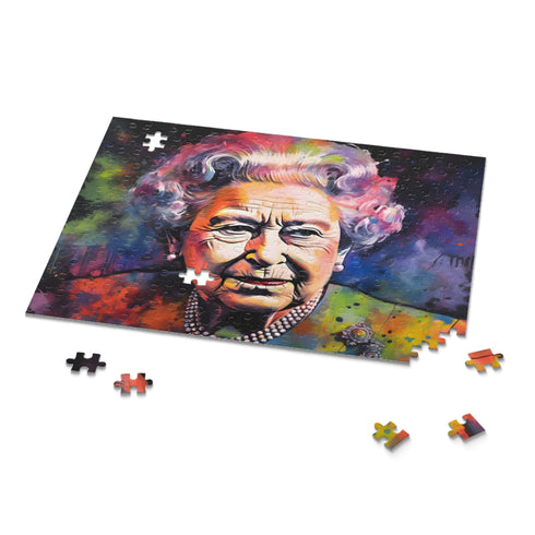 Neon watercolor Queen puzzle with 120 pieces, vibrant colors.