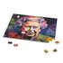 Neon watercolor Queen puzzle with 120 pieces, vibrant colors.