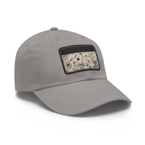 Botanical print white baseball cap with light brown rectangle patch.