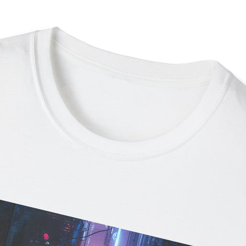 Charcoal cotton t-shirt featuring vibrant cyberpunk cityscape and comfortable crew neck