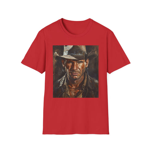 Charcoal cotton crew neck T-shirt with vibrant Indiana Jones painting