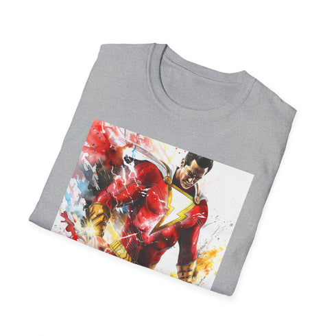 Shazam Charcoal Lightning T-Shirt - DC Comics hero emblem style.