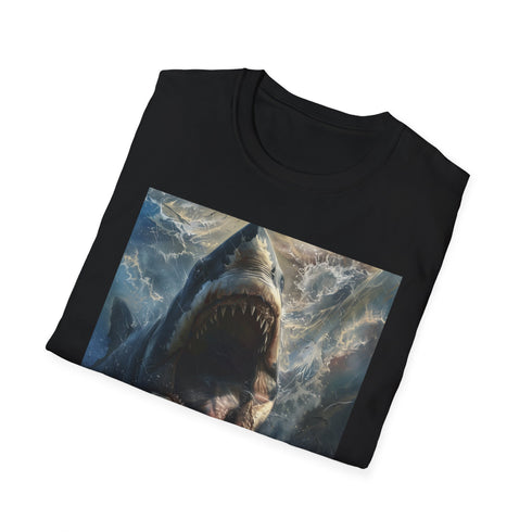 Charcoal cotton T-shirt with vibrant Megalodon painting capturing prehistoric allure