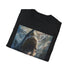 Charcoal cotton T-shirt with vibrant Megalodon painting capturing prehistoric allure