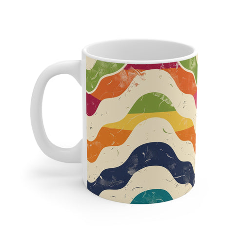 Retro Waves Ceramic Coffee Mug with Vibrant Seamless Pattern.