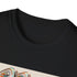 Retro roller skate themed charcoal t-shirt with vibrant colorful stripes.